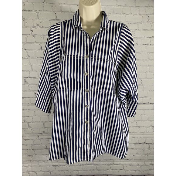 VTG Cabrais Plus Blue White Striped Short Sleeve Button Up Collared Shirt 20W - Picture 1 of 8